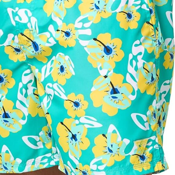 GUESS Men’s Eco Swim Trunk – Light Blue Ibiscus Logo Print, Size Medium - Picture 3 of 3